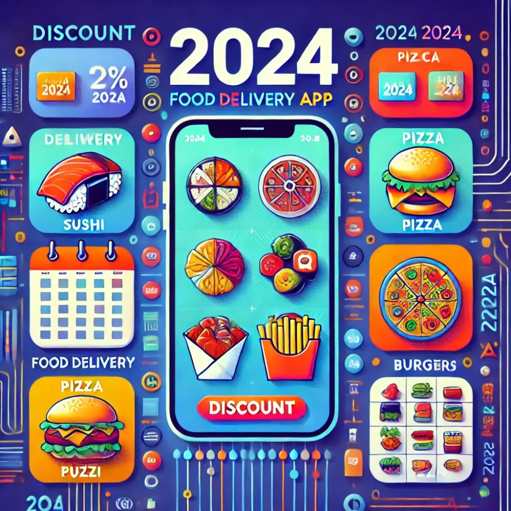 2024年のフードデリバリーアプリを象徴するアイキャッチ画像。スマートフォンにカラフルでモダンなメニューが表示され、寿司、ピザ、ハンバーガーなどが背景に描かれている。割引タグや2024年のカレンダーが強調されたデザイン。