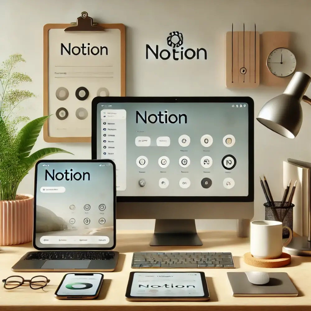 ノーション（Notion）アプリの画面が表示された、ラップトップ、スマートフォン、タブレットが並んだ、シンプルで洗練されたデスク。デスク上には観葉植物やコーヒーカップ、文房具などが置かれており、整理整頓された雰囲気が初心者に優しい印象を与える。