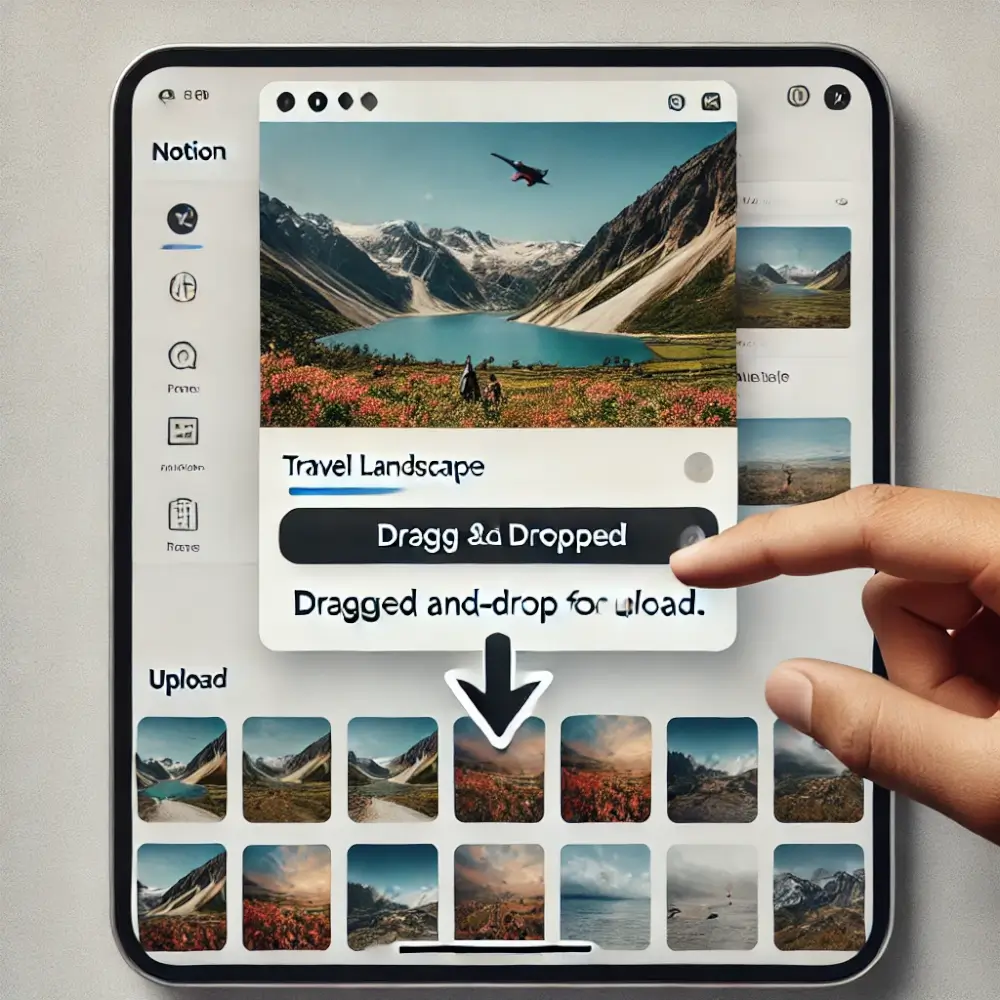 Notionページに旅の風景写真をドラッグ&ドロップしてアップロードする画面